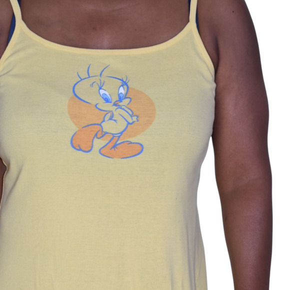 Warner Bros Y2K Tweety Dress Yellow Cotton Jersey Knit Side Slits Mini Tank XS - Picture 11 of 14